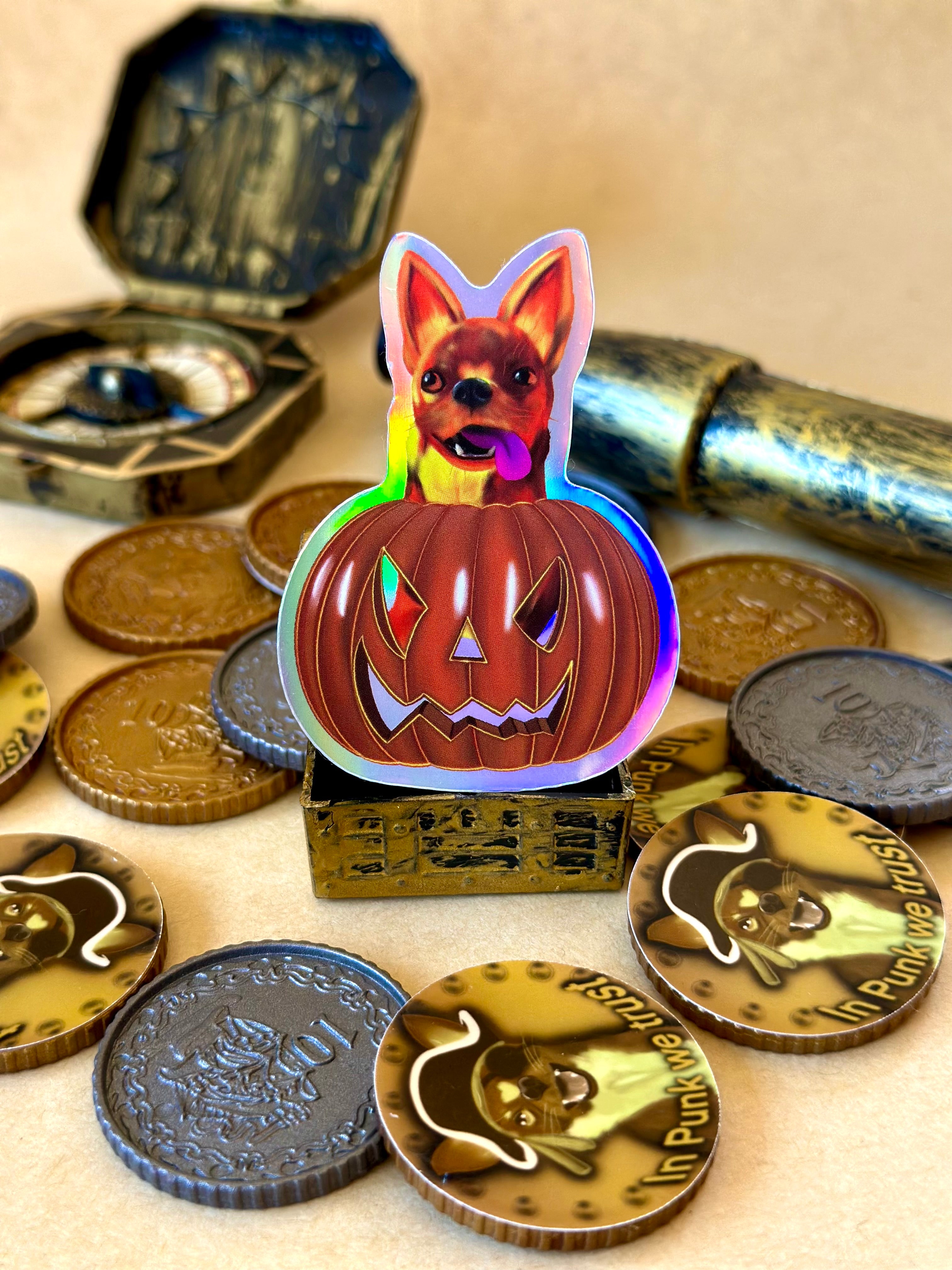 Pumpkin Punk the Fiery Chihuahua Holographic Sticker surrounded by Pirate Treasure 