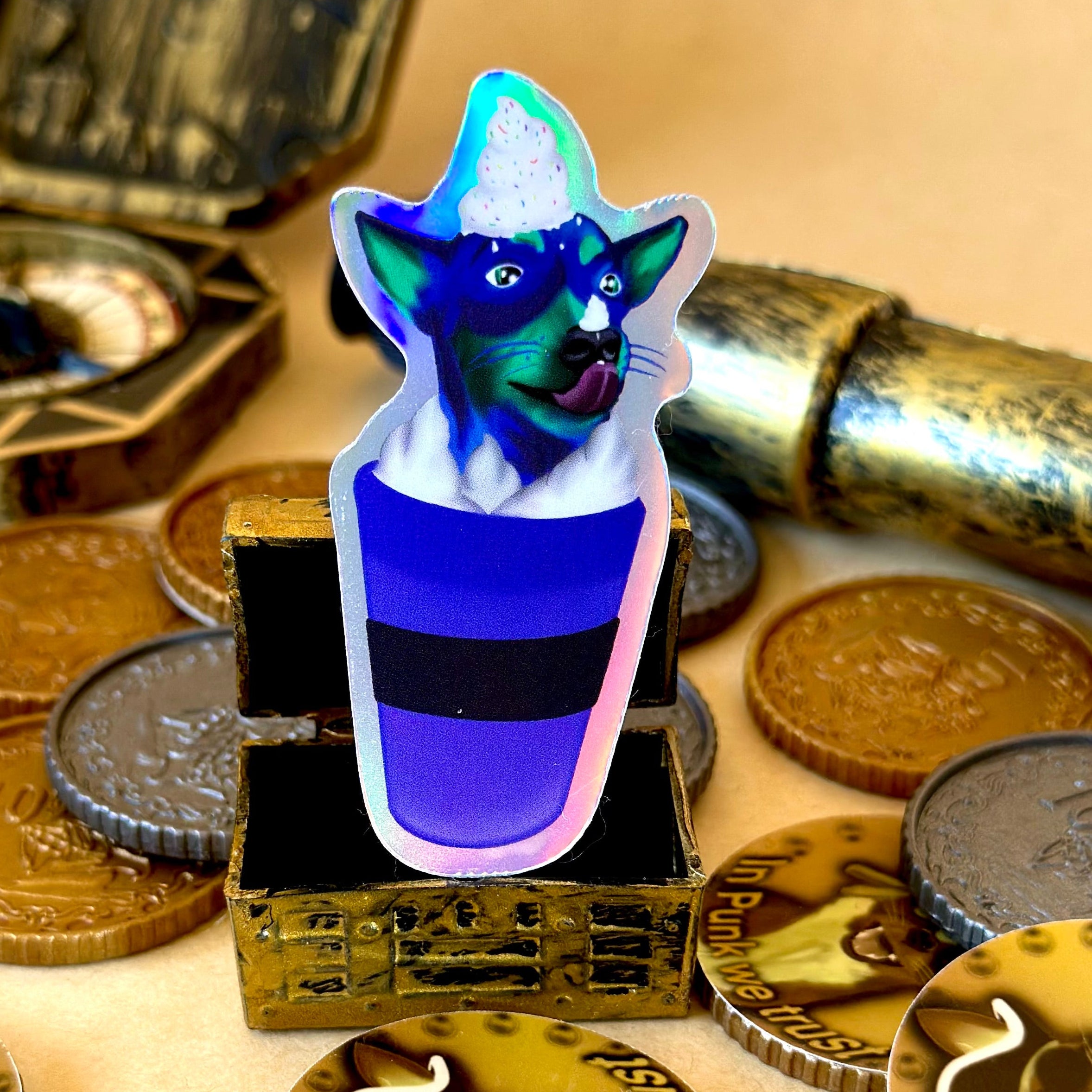 Holographic Sticker surrounded by treasure