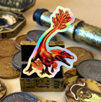 Pyroraptor Dinosaur Holographic Sticker surrounded by pirate treasure