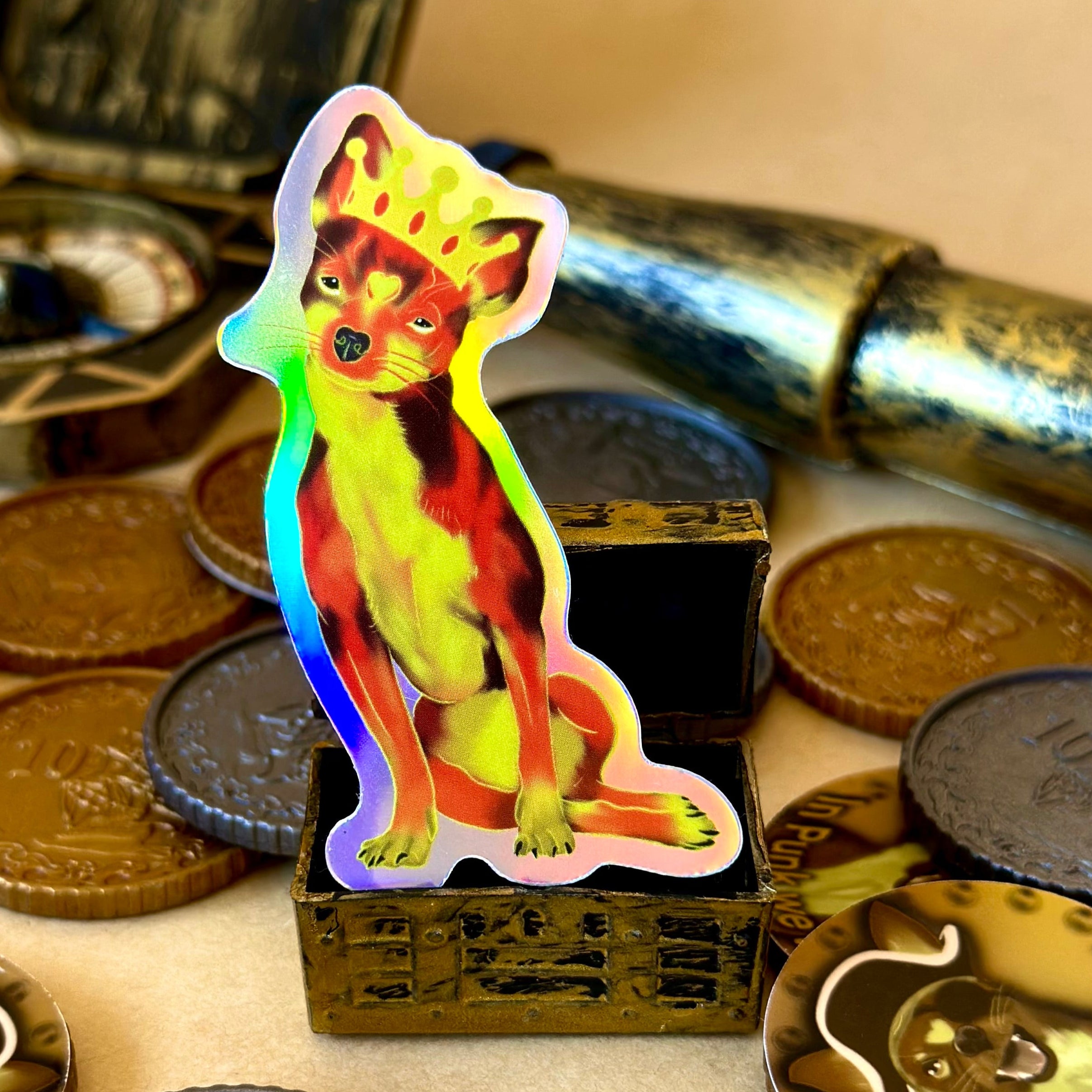 Queen Fiery Chihuahua Punk Holographic Sticker with treasure surrounding her 
