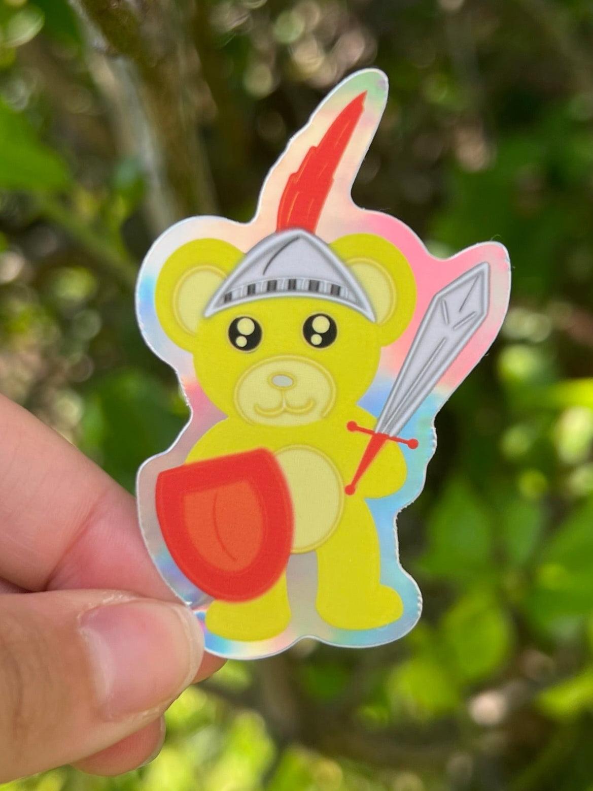 Yellow Cute Kawaii bear Shining Knight with a sword and shield Holographic Sticker