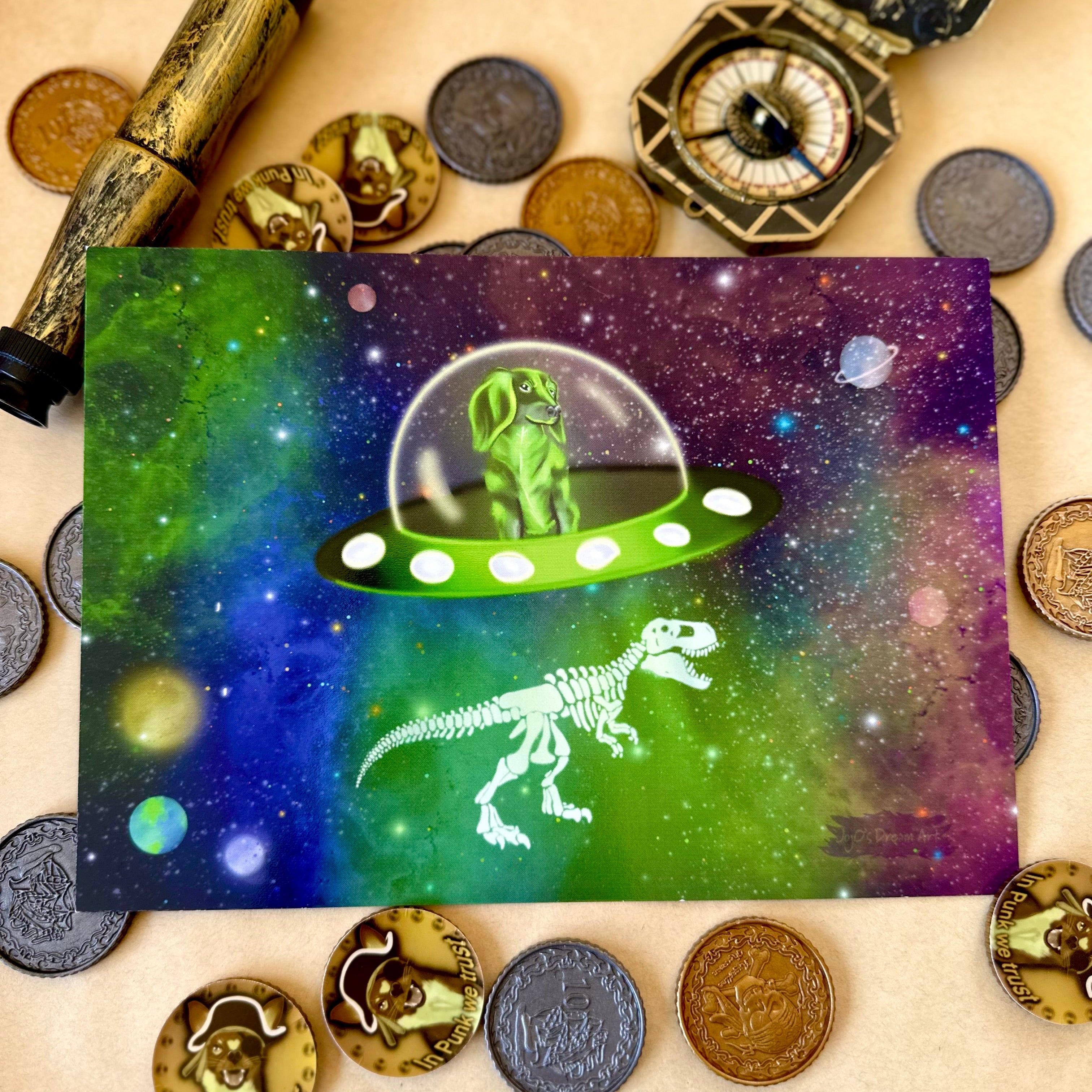 Stella the green dachshund art print A5 Art with Short Story on the back surrounded by pirate treasure 