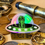 Stella The Green Space Dachshund Holographic Sticker surrounded by Pirate Treasure 