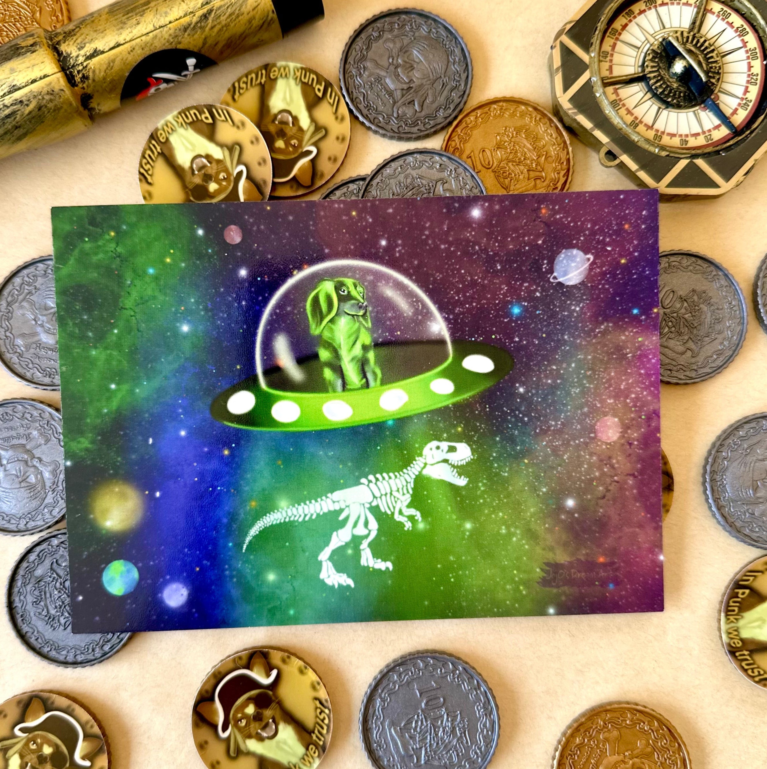 Stella the Green Space Dachshund Post card surrounded by pirate treasure