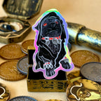 Thomas the gothic bulldog holographic sticker surrounded by treasure 