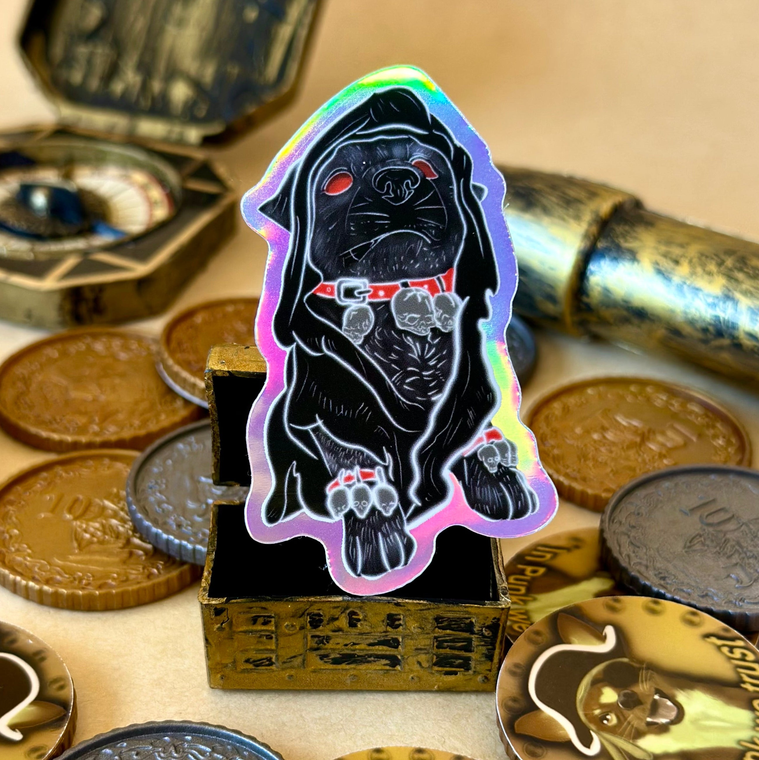Thomas the gothic bulldog holographic sticker surrounded by treasure 