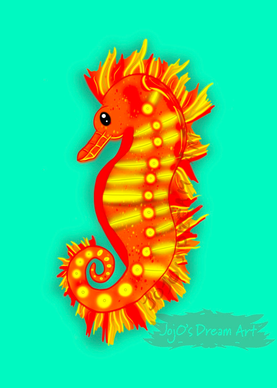 Colorful seahorse illustration on a teal background