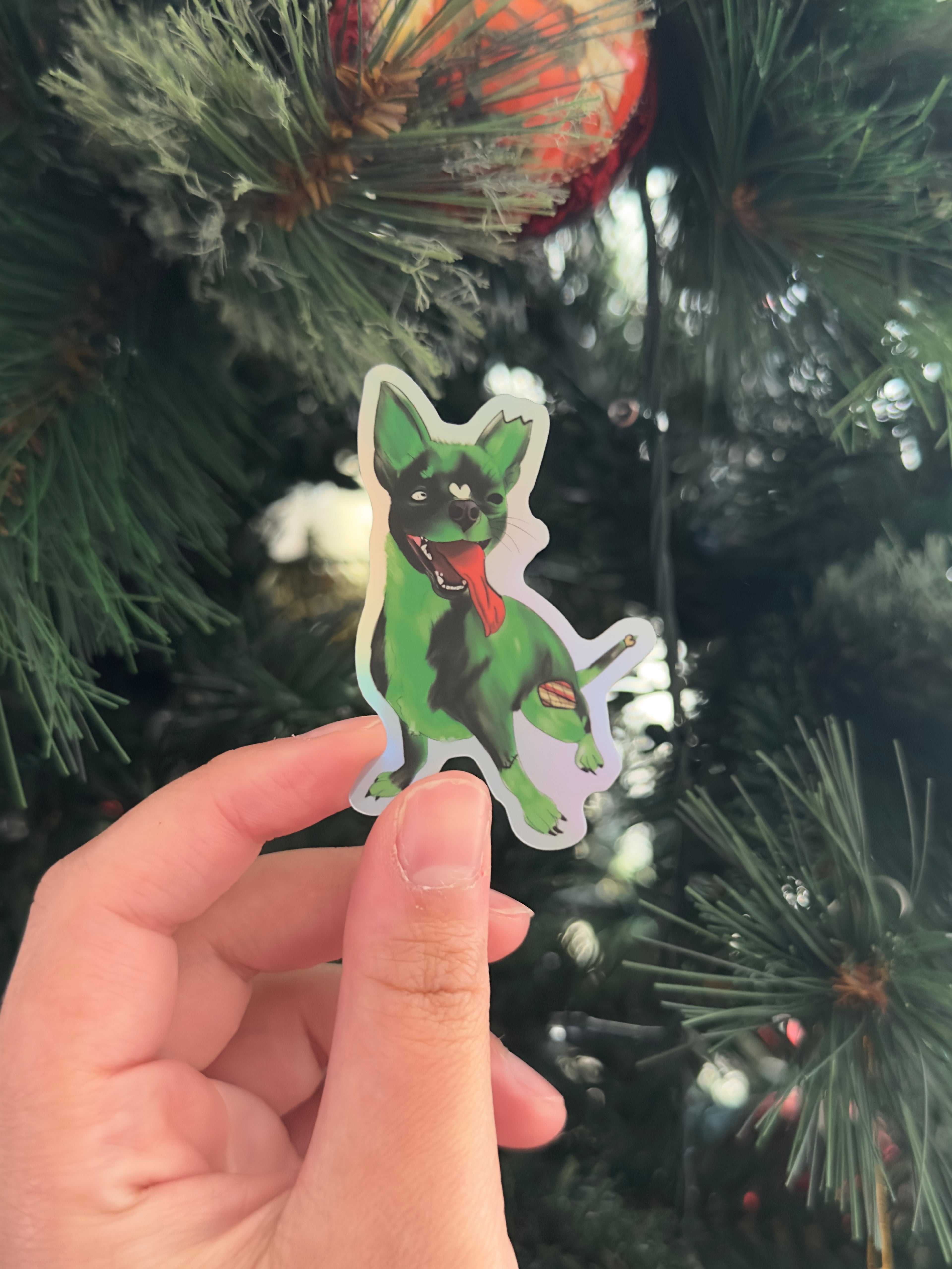 Zombie Chihuahua Holographic Sticker Christmas Tree