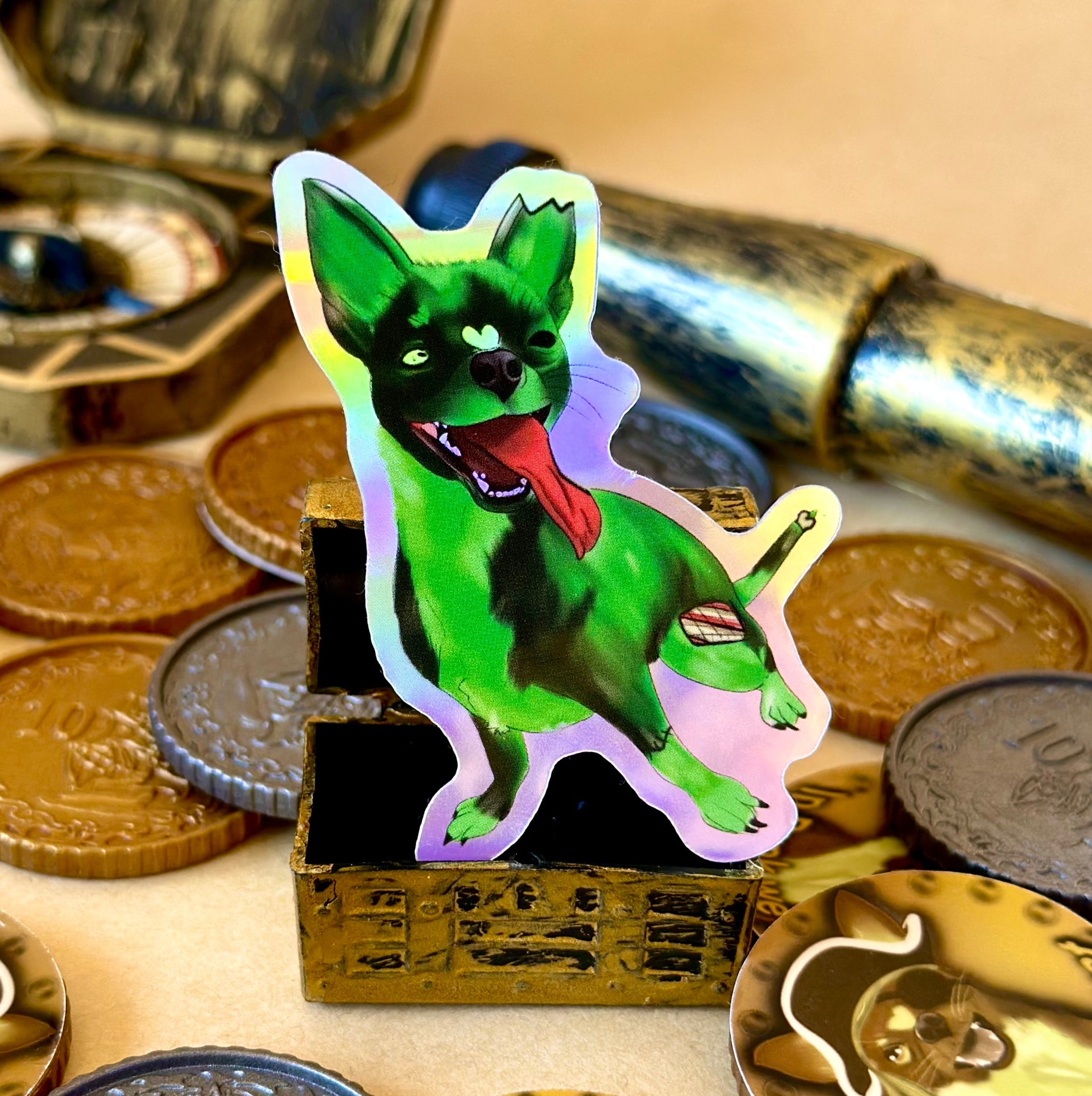 Zombie Chihuahua green Punk Holographic Sticker surrounded by pirate treasure