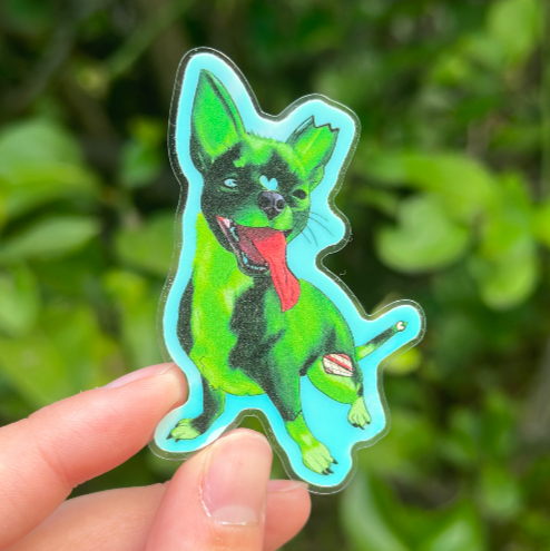 Zombie Punk the Chihuahua dog Glow in the dark sticker outdoors