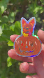 Halloween Fiery Chihuahua in a Pumpkin Shining Holographic Sticker Video
